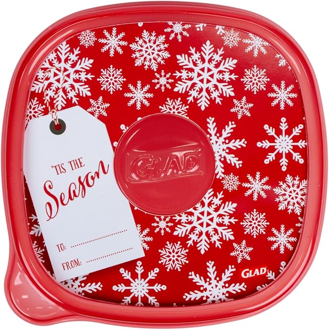 Glad GladWare Holiday Food Storage Containers with Reversible Gift Tags, Large Square BPA Free Plastic for Holiday Cookies and Gifting, Microwave Freezer Dishwasher Safe, 42 Oz, 3 Count