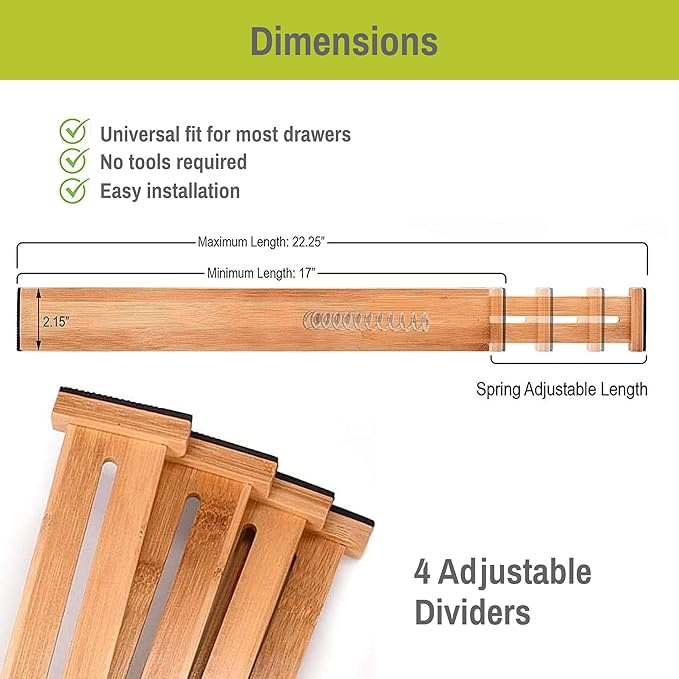 Homemaid Living Bamboo Drawer Organizer Adjustable and Expandable - Ideal Drawer Dividers for Kitchen, Dresser, Bedroom and Bathroom - Expandable Drawer Organizer Set of 4 - Water-Resistant Finish