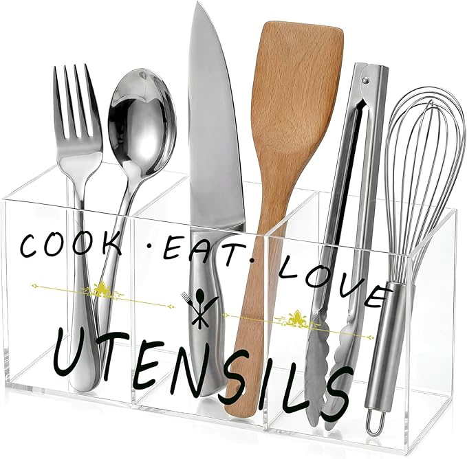 Acrylic Large Cutlery Storage Organizer Bin with 3 Compartments, Silverware Caddy Knife Spoon and Fork Holder Kitchen Utensils Holder for Cabinet Indoor Flatware Dining Room(Transparent)