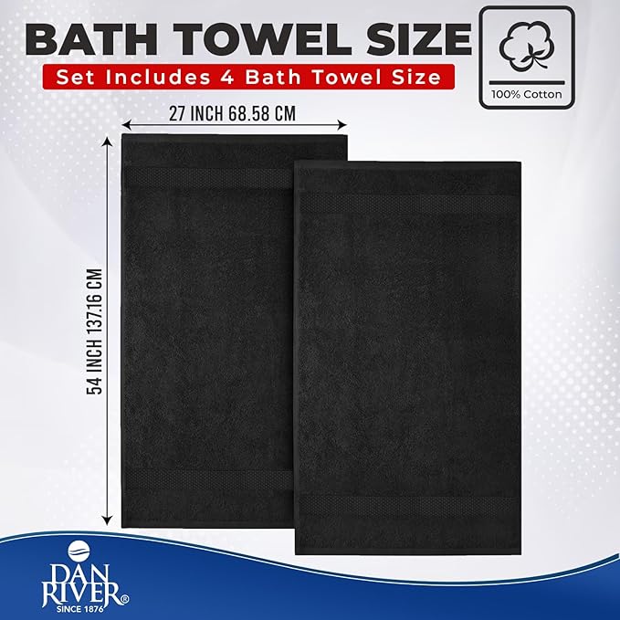DAN RIVER Bath Towels Set of 4, 27 x 54 Inches, 100% Cotton, Larger & Lighter Weight, Quicker to Dry, Super Soft and Absorbent, Ideal Black Bath Towels for Daily Use