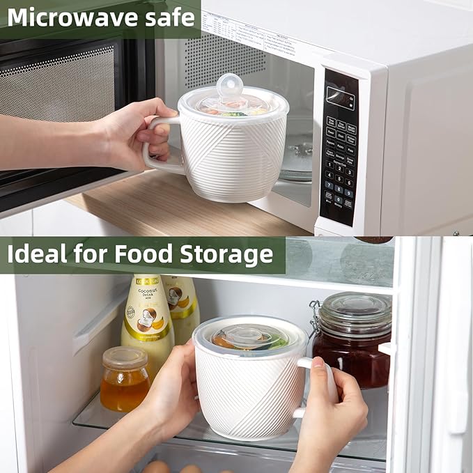 Ceramic Soup Bowls with Lid & Handle: 32 oz Microwave Safe Food Containers for Ramen Noodles Cereal Leftovers - Extra Large Mugs for Breakfast Lunch Picnic Camping - White, Set of 2