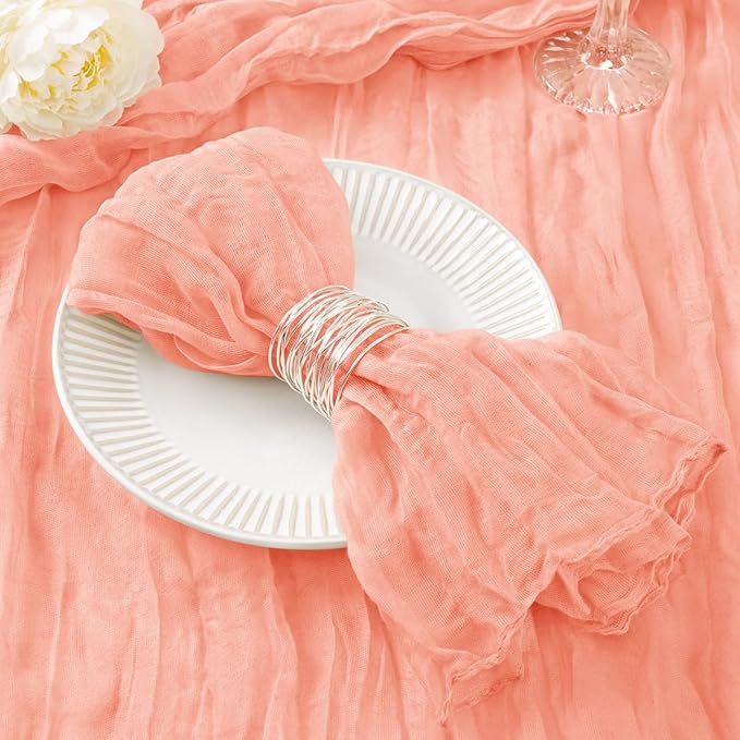 DeZerlor 12 Pack Coral Pink Cheesecloth Napkins Fall Thanksgiving Cloth Napkins Set of 12 Dinner Table Napkins Bulk 21x21 Inches for Thanksgiving Wedding Bridal Shower Baby Shower Xmas Party