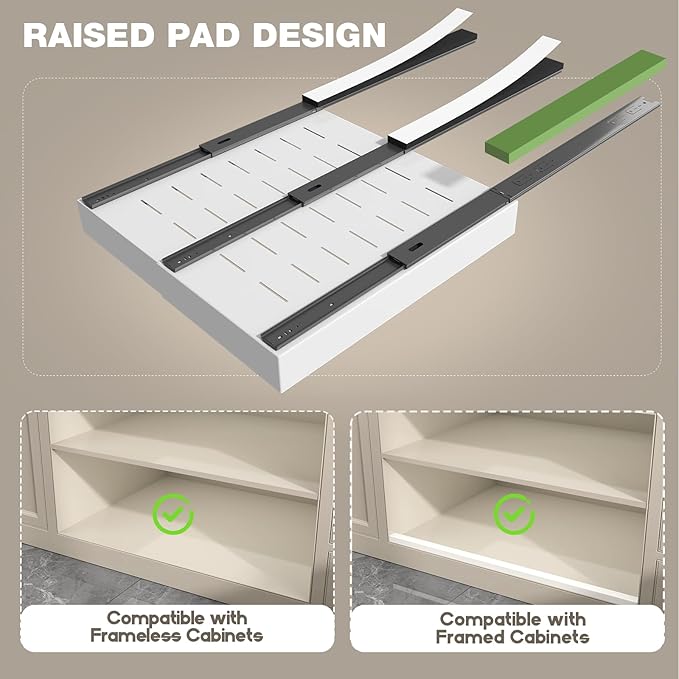 Seinloes 4 Pack Pull Out Cabinet Organizer 22" Deep,Full Extension 3 Slide Rails Slide Out Drawers With Raising Pad for Framed Cabinets,Expandable Width (12.3"-20.5"),No Drill Roll Out shelf,White