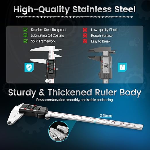 Housolution Digital Caliper 8 Inch, Caliper Measuring Tool with Large LCD Screen, 4 Measuring Ways, Inch/MM, Auto-Off LCD Stainless Steel Micrometer Vernier Caliper