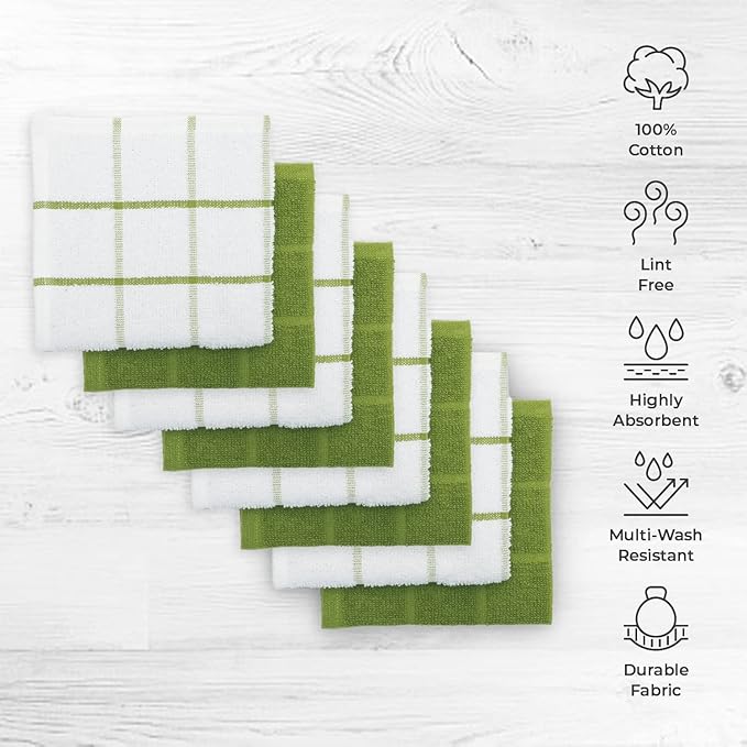 100% Cotton Terry Dish Cloth & Dish Towel, 8 Pack, Super Soft and Absorbent Kitchen Towels, Perfect for Kitchen Cleaning and Dish Washing (Green (Solid and Checks) 8 Pack)