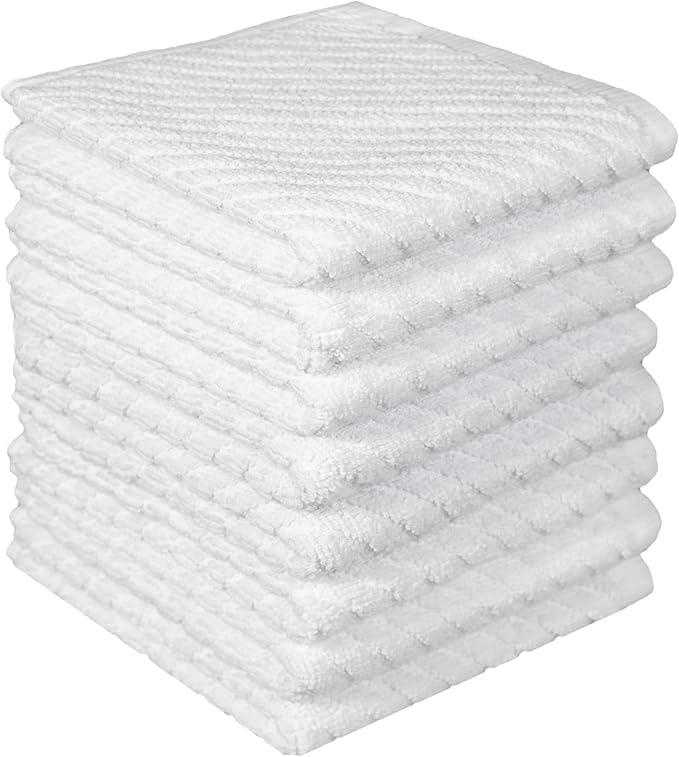 Bumble Towels Premium Kitchen Dish Cloths (12" x 12") | 8 Pack | Diagonal Deluxe Dish Cloth | High Absorbent Tea Towels Set | White
