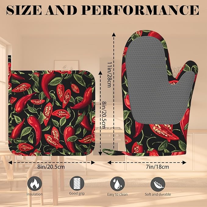 Mexican Hot Pepper Chili Oven Mitt and Pot Holder with Silicone Heat Resistant Kitchen for Cooking BBQ Baking Grilling Cooking Protection