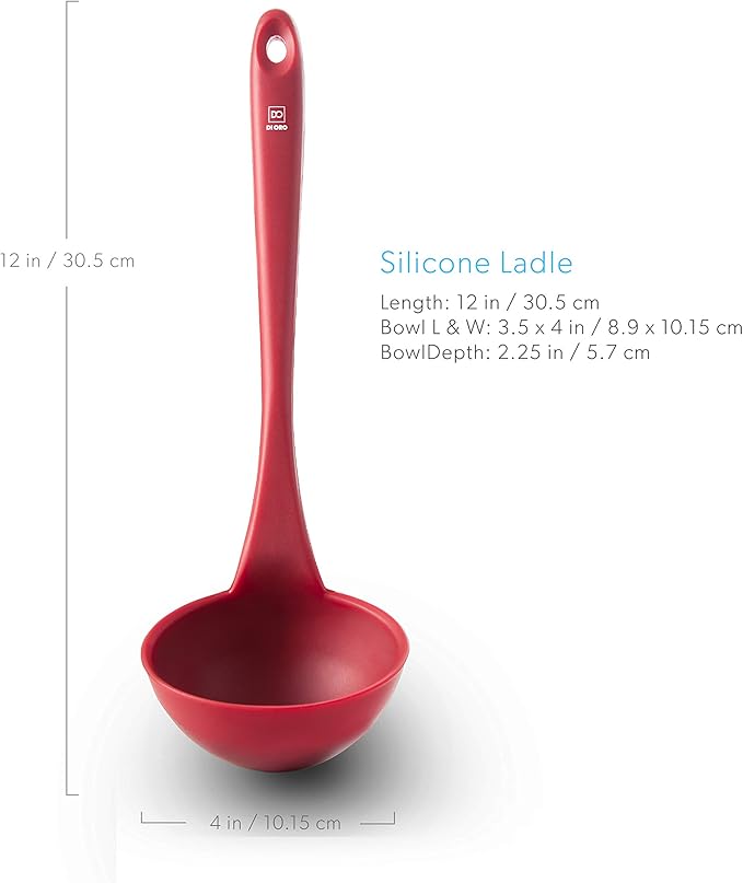 DI ORO Silicone Soup Spoon Heat-Resistant Large Kitchen Ladle Nonstick Cookware Safe - Wide Bowl Dishwasher Safe (Red)