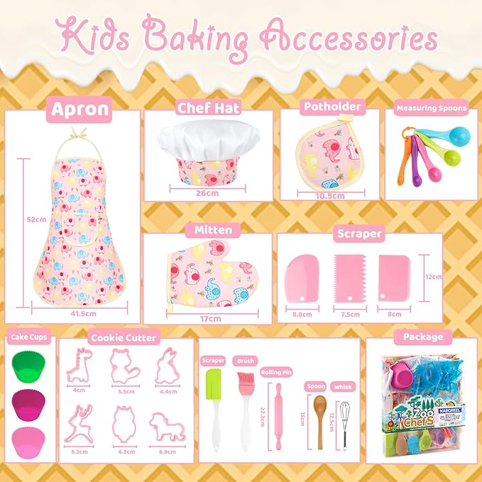 KAEGREEL Elephant Baking Chef Set for Kids, 26 Pcs Kids Cooking Set with Elephant Apron & Hat, Chef Supplies Kitchen Toys Dress Up Role Play Gifts for Girls Boys Aged 3-8