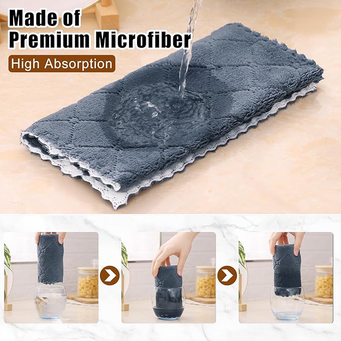 Mordimy 24 Pack Kitchen Towels (20" x 10",Dark Grey & White), Super Soft and Absorbent Dish Towels, Coral Velvet Microfiber Cleaning Cloth, Nonstick Oil Fast Dry Dish Cloths