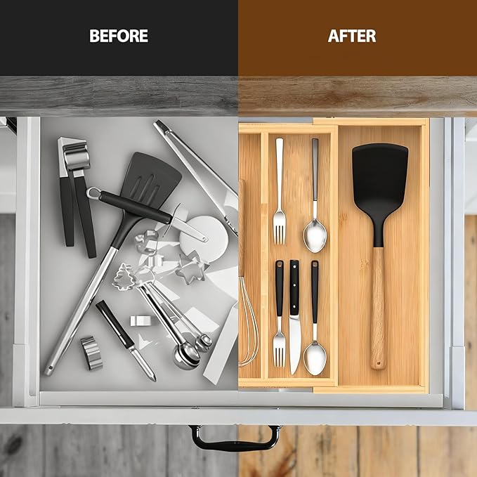 Bamboo Expandable Kitchen Drawer Organizer, 13" - 23" Adjustable Utensils Holder and Cutlery Tray, 3-5 Slots Drawer Organizer for Silverware Flatware