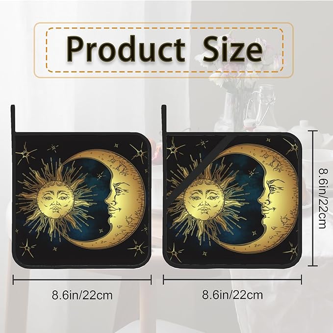 Celestial Moon Golden Sun Boho Chic Stars Pot Holder Set of 2,Heat Resistant Potholders Oven Hot Pads for Kitchen Cooking Baking BBQ