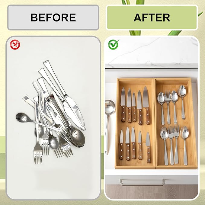 2 Pack Kitchen Drawer Organizers, 14" x 5.9" x 2" Stackable Bamboo Silverware Drawer Organizer, Bamboo Utensil Organizer for Bathroom, Dressing Room, Office, Pantry (Natural)