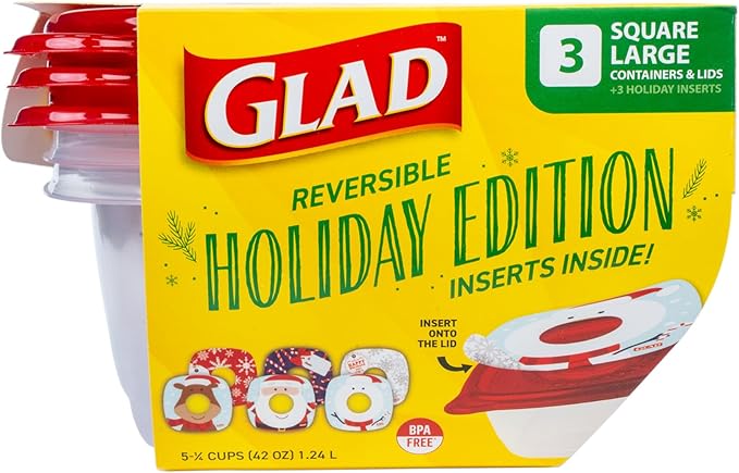 Glad GladWare Holiday Food Storage Containers with Reversible Gift Tags, Large Square BPA Free Plastic for Holiday Cookies and Gifting, Microwave Freezer Dishwasher Safe, 42 Oz, 3 Count