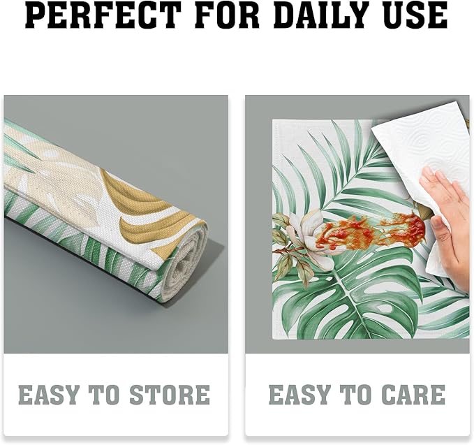 Giwawa 4PCs Tropical Palm Leaf Placemats Summer Green Brown Banana Leaves Decorative Linen Table Mat 12"x18" Hawaiian Monstera Flowers Heat Resistant Washable Place Mats for Kitchen Dining