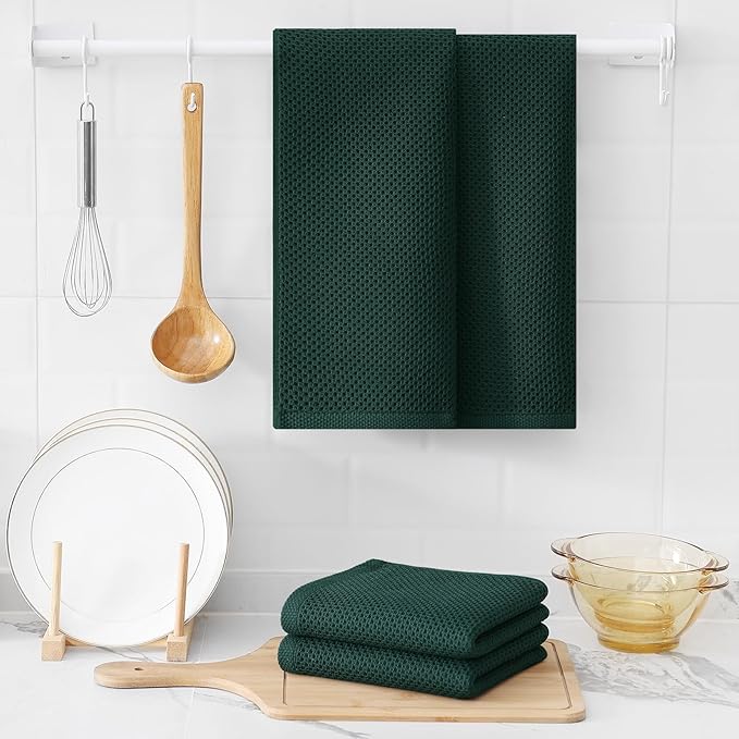 Kitinjoy 100% Cotton Waffle Weave Kitchen Hand Towels (13 X 28 Inches, Blackish Green), 12-Pack Super Soft and Absorbent Dish Towel for Drying Dishes