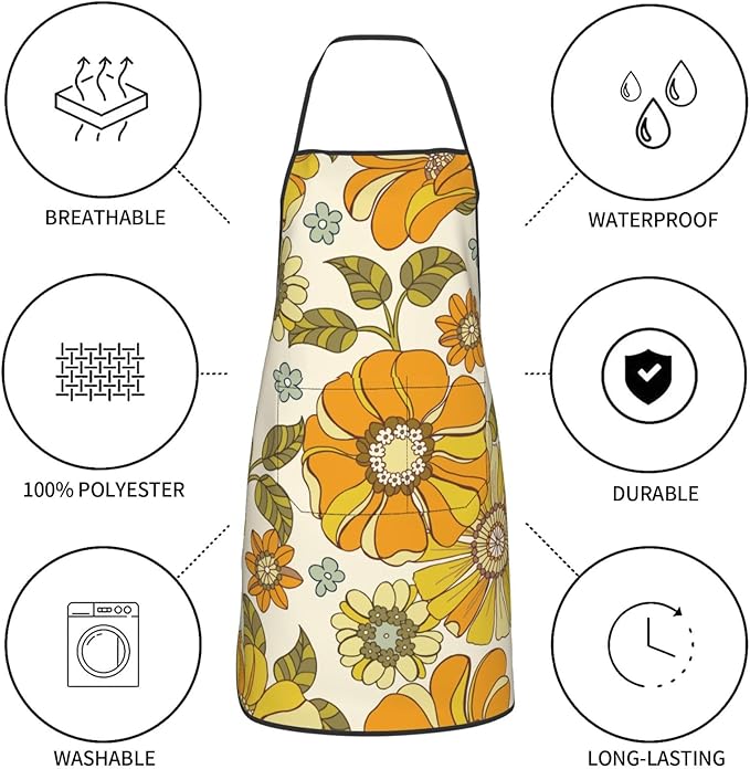 Retro 70s Style Flower Oven Mitts Pot Holders Cooking Apron Set of 5 Silicone Kitchen Glove Apron Non-Slip Heat Resistant for Chef Baking Cooking Grilling BBQ