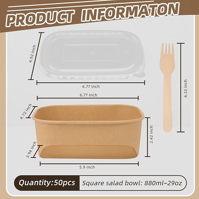 50 Pack 29 oz Paper Food Containers with Lids, Meal Prep Containers Disposable Large Paper Bowls, Microwavable and Freezer Storage Use Cardboard Food Containers