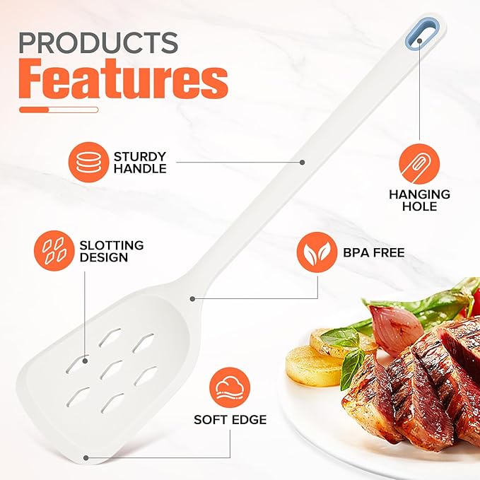 Silicone Cooking Spatula&Slotted Spatulas, Pack of 2,Solid Turner Kitchen Utensils Set for Cooking,Frying, Baking, Flipping, Turning,Heat Resistant 450℉ (White)
