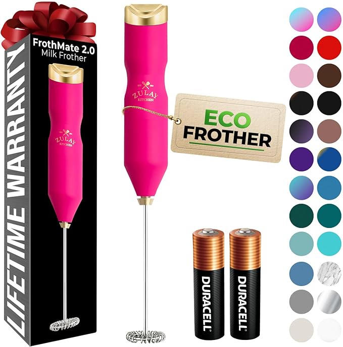 Zulay Kitchen Powerful Frother Wand AA Batteries Included, Ultra Fast Handheld Drink Mixer, Comfort Milk Frother, Stainless Steel Whisker, Frother Handheld for Coffee, Protein & Matcha - Frothmate 2.0