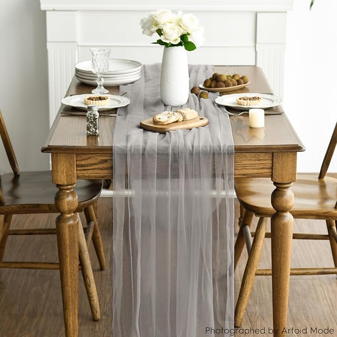 Artoid Mode 3PCS Grey Gauze Table Runner 120 Inch 10FT, Seasonal Sheer Kitchen Dining Holiday Wedding Birthday Baby Shower Table Decor for Home Party