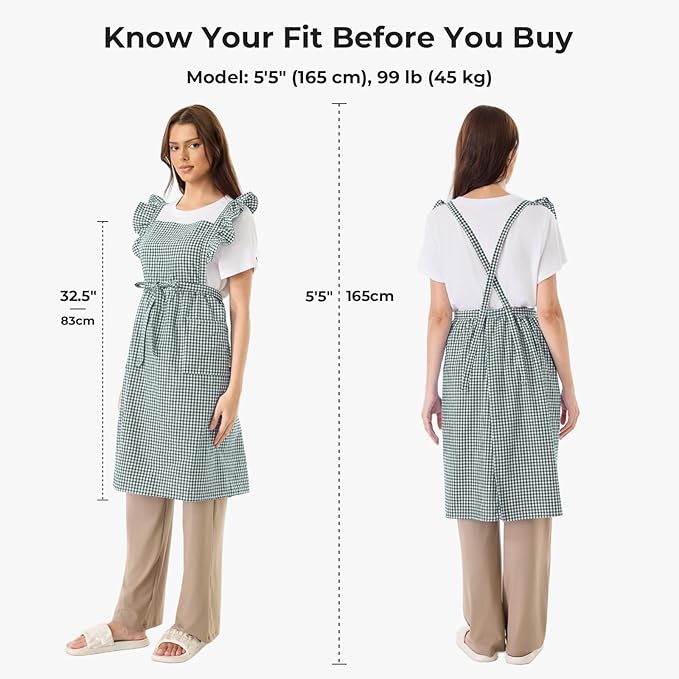 Vintage Gingham Apron for Women, Ruffle Straps, 2 Pockets, Soft Cotton, Apron Dress Style for Cooking & Baking