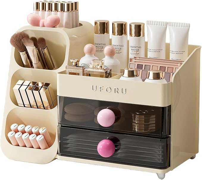 Makeup Organizer for Vanity with Brush Holder, Large Plastic Bathroom Countertop Skincare Organizer with 2 Drawers, Spacious Cosmetic Display Case for Perfumes, Eyeshadow Palettes, Nail Polishes