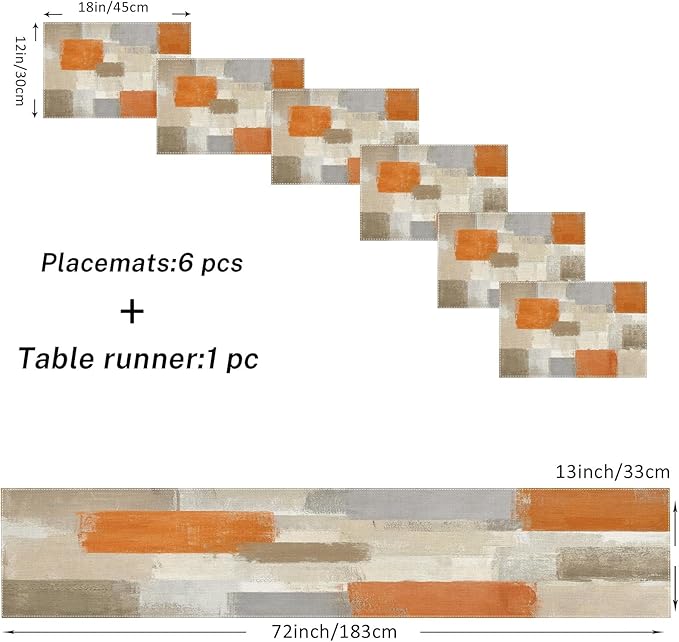 Emvency Farmhouse Table Runner and Placemats Set of 6, Cotton-Linen Modern Orange and White Painting Art Dining Table Decor for Daily Use(1 Table Runner 72 inches Long and 6 Placemats)