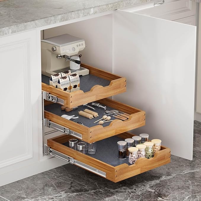 OCG Pull Out Cabinet Drawer 17" W x 21" D, 3 Tier Pull Out Cabinet Organizer, Heavy-Duty Slide Out Drawer for Cabinets, Organization for Kitchen, Pantry, Bathroom