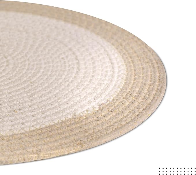 Encasa XO Dining Placemats Set of 6 | Cotton Round Table Mat - 13 in Diameter | Off White & Beige | Handmade Rib Style Chargers for Dinner Plates