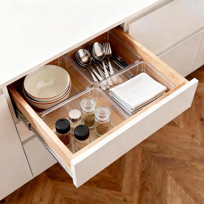 Ohlove 6 Pcs Large Clear Plastic Drawer Organizers Tray 6" x 6" Storage Bins with 25 Pcs Non-Slip Pads for Makeup, Jewelries, Kitchen Utensils, Bathroom and Office
