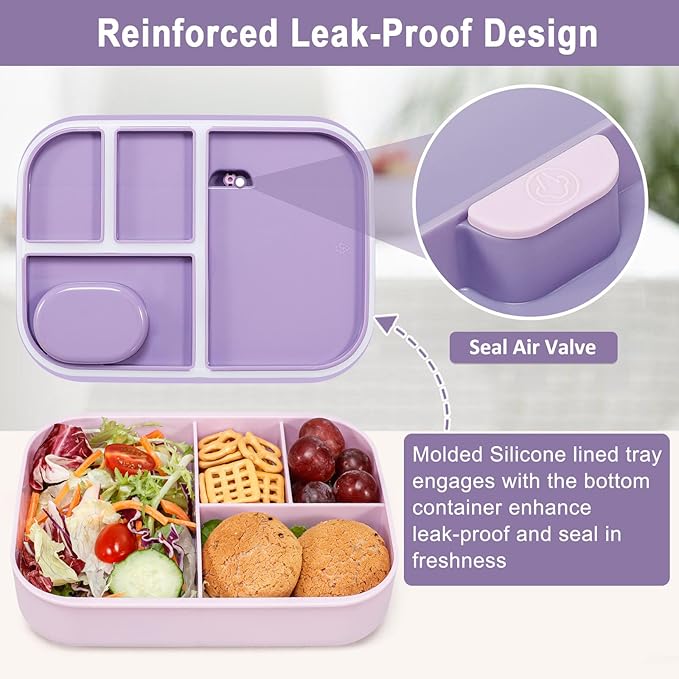 Caperci Stackable Bento Lunch Box for Adult & Teens - Reinforced Leak-Proof Lunch Container 4-Compartment with Utensils & Sauce Container, BPA-Free, Dishwasher/Microwave Safe, 47oz (Orchid Bloom)