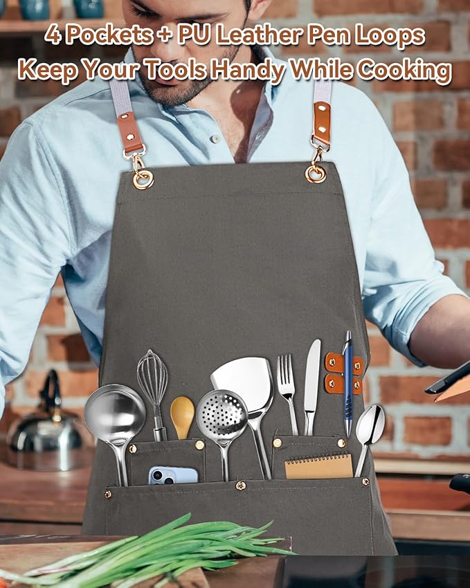 Teskyer Kitchen Cooking Apron with Pockets, Water Oil Resistant, Canvas Cross Back Aprons for Men Women Chef Server