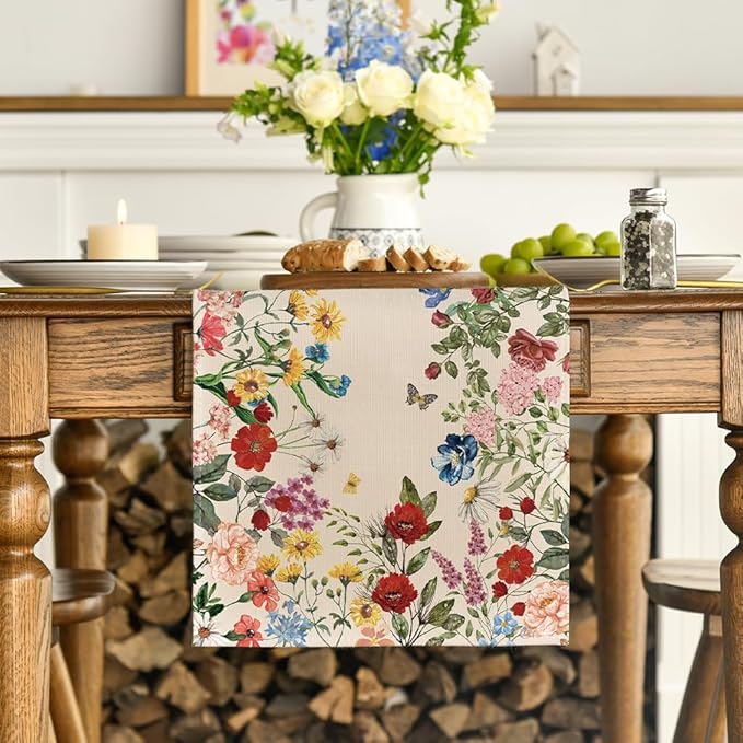Artoid Mode Plants Floral Butterfly Valentine's Table Runner, Anniversary Wedding Kitchen Dining Table Decoration for Home Party Decor 13x120 Inch