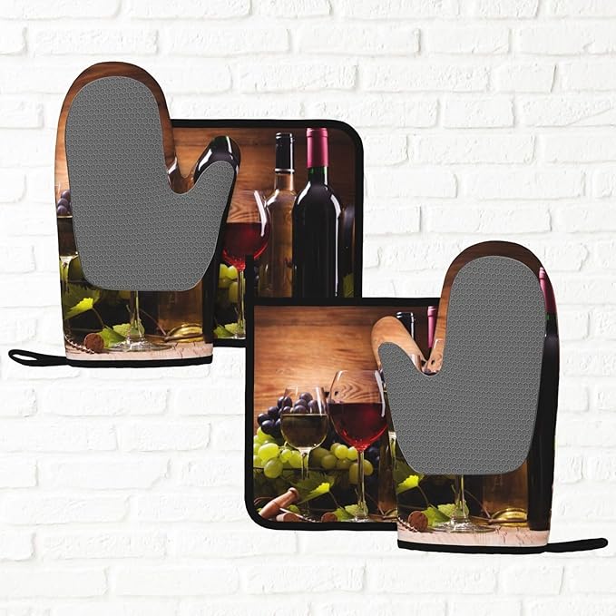 Wine Grapes Wooden Vintage Oven Mitts and Pot Holders Sets of 4, Heat Resistant Silicone Oven Mittens and Potholders Gloves Hot Pads for Kitchen Cooking Baking Grilling BBQ Chef