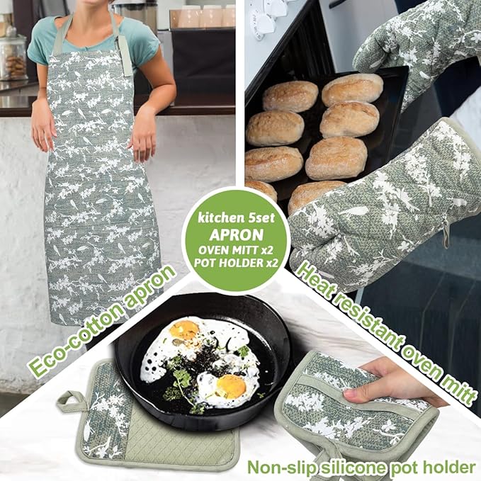 Oven Mitts and Pot Holders with Cooking Apron Set of 5, Heat Resistant Kitchen Gloves and Silicone Non-Slip Potholders, Adjustable Neck Buckle Chef Apron, Cotton Nice Design for Cooking (Aqua)…