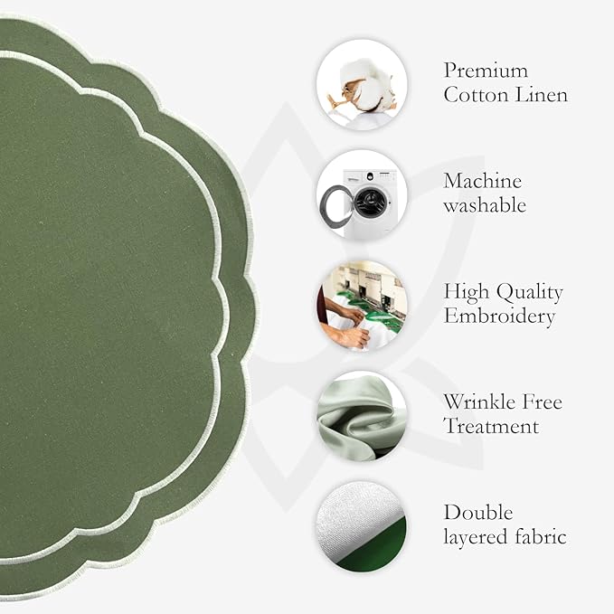 Round Placemats Set of 4, Cotton Linen- Double Layered, Luxury Scalloped Embroidered Cloth Table mats, 16 inch, Washable Fabric Dining Placemat (Green)