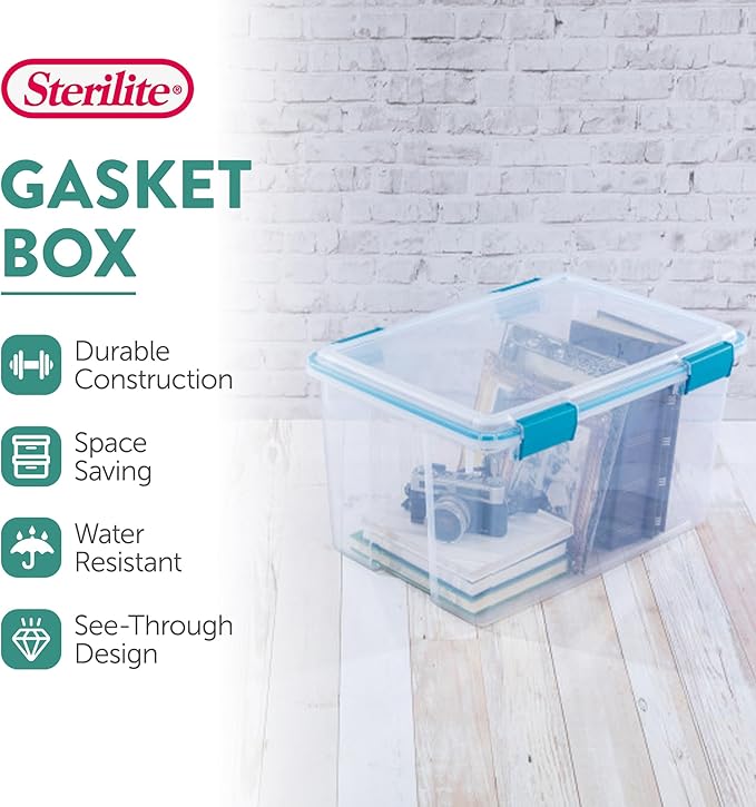 Sterilite Gasket Box, Stackable Storage Bin with Latching Lid, 54 Quart, 16 Pack