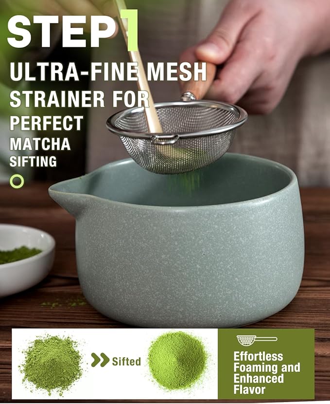 20OZ Matcha Whisk Set - 5PCS Chasen Set Includes Matcha Bowl with Spout, Bamboo Whisk with Ceramic Holder, Macha Scoop and Sifter, Matcha Kit for Ceremony, Gift for Matcha Lovers (Pale Gray-Green)