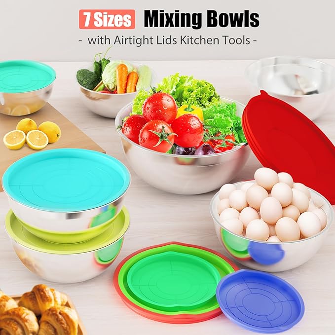 ENVTEK Mixing Bowls with Lids Set, 7 PCS Stainless Steel Mixing Bowls with 3 Grater Attachments, Size 4.5, 4, 3.5, 2.1, 1.5, 1.1, 0.7QT, Ideal for Kitchen Cooking Baking & Serving