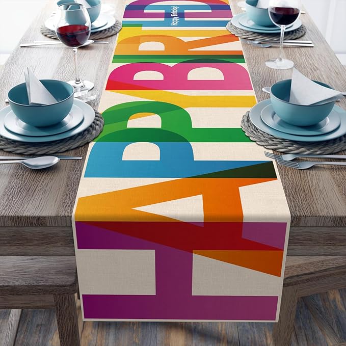 Happy Birthday Table Runner Colorful 13x72 Inch Polyester Linen Table Decoration for Kitchen Dinning, Indoor Outdoor Home Party Desktop Decor (Colorful)