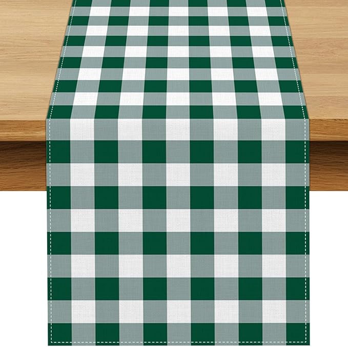 Green and White Gingham Table Runner Golf Let's Partee Checkered Decoration Hunting Christmas St. Patrick's Day BBQ Picnic Home Kitchen Table Decor