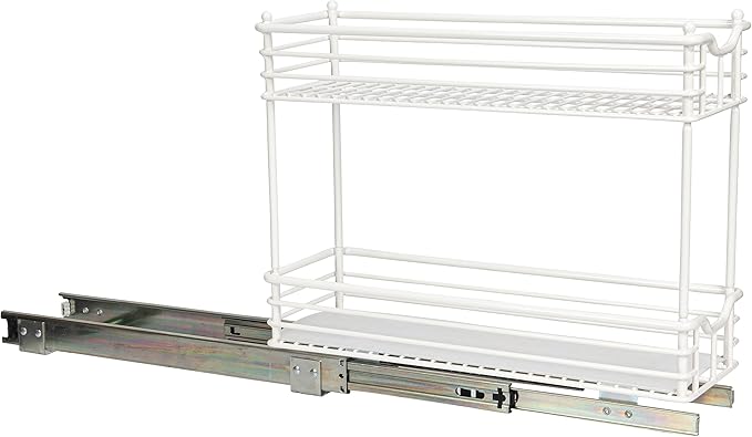 Household Essentials Glidez Multipurpose Paint-Finished Steel Pull-Out/Slide-Out Storage Organizer with Plastic Liners for Under Cabinet Use - 2-Tier Design, White