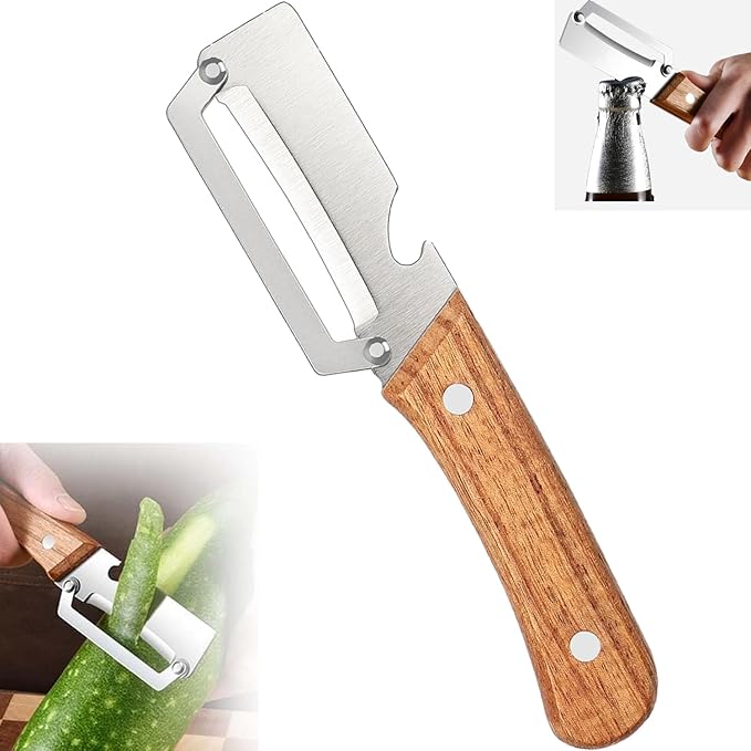 1 PCS Multi-Functional Vegetable Peeler with Wooden Handle, Stainless Steel Blade Fruit Peeler with Bottle Opener, Comfortable Non-Slip Kitchen Peeler for Potato, Pumpkin, Papaya & More (1)