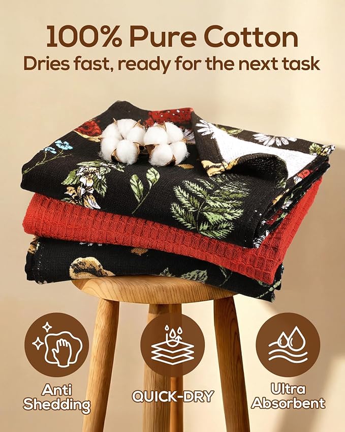Miss Adola 3pcs Cotton Kitchen Towels - 270 GSM 15x25 Inch Terry Cloths Reusable Dish Cloths for Cleaning Absorbent Soft Hand Tea Towels with Hanging Loop for Housewarming Home Decor, Black Mushroom