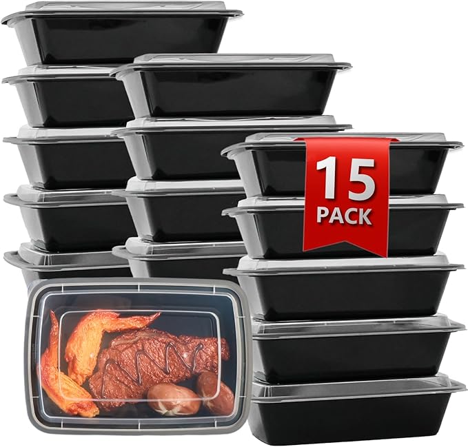 Meal Prep Containers Reusable 15 Pack-32 oz Food Storage Containers with Lids To Go Food Containers Takeout with 15 Forks, Microwave Dishwasher Freezer Safe, BPA Free, Plastic (Black)