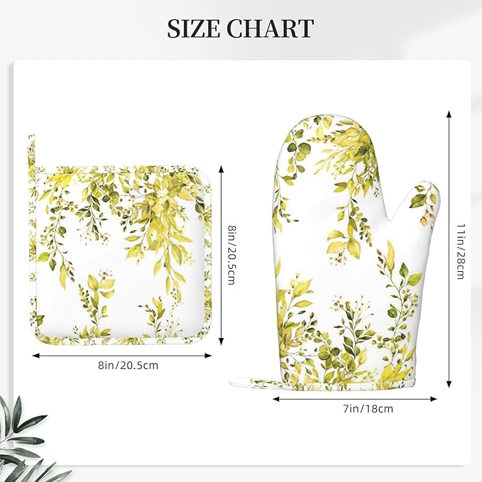 Yellow Eucalyptus Oven Mitts and Pot Holders Set, 4pcs Silicone Watercolor Plant Leaves with Floral Oven Glove for Kitchen Heat Resistant Oven Mitts and Potholders Non-Slip for Cooking