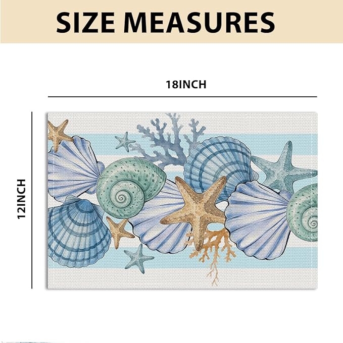 Sea Shell Starfish Beach Placemats Set of 4, 12x18 Inch Seasonal Spring Ocean Coastal Washable Linen Nautical Table Mats for Indoor Outdoor Party Kitchen Dining Decoration, wipeable placemats