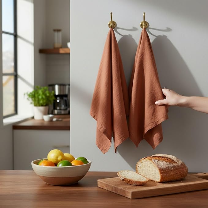 Linen Kitchen Dish Towels – 20” x 27” – 100% Pure Stonewashed Linen Hemstitch Hand Towel/Tea Towel - Set of 2 (Rustic Orange)