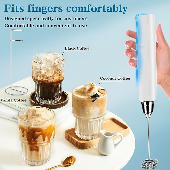 BSRGMS Milk Frother Handheld with Stand, Electric Whisk 3 Speed Adjustable, Drink Mixer with Stainless 3 Whisk, Rechargeable Hand Frother Wand, Foam Maker for Latte Cappuccino Hot Chocolate Egg White